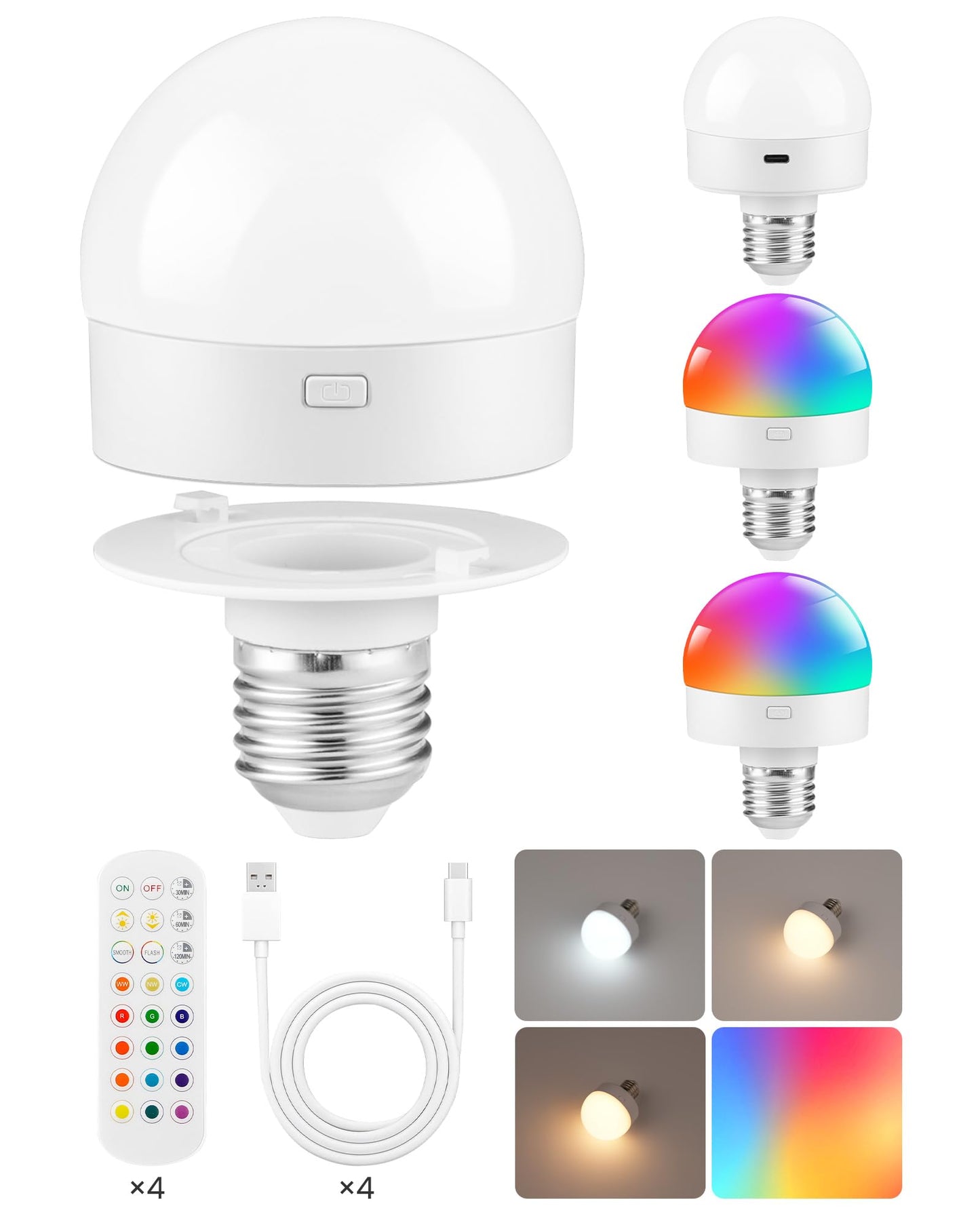 GOEBLESON Rechargeable Light Bulbs, 4 Pack Wireless RGB LED, 15 Colors, Dimmable, E26 Size, Model R01YBP406