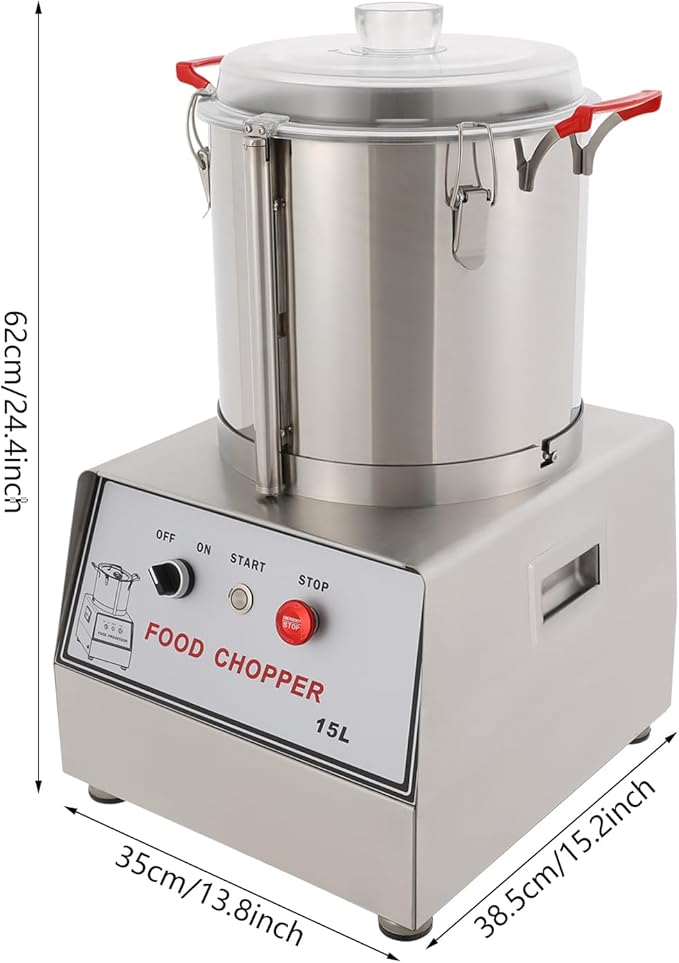 1400W Commercial Food Processor, 15L Stainless Steel Electric Food Chopper Machine, 1400RPM Grinder with Safety Lock & Clear Lid