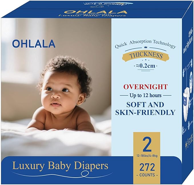 OHLALA Luxury Diapers Size 2 Hypoallergenic | Skin-Friendly & Leakproof | Fragrance-Free | Ultra-Thin | 4 Pack 272counts | 12-18 lbs