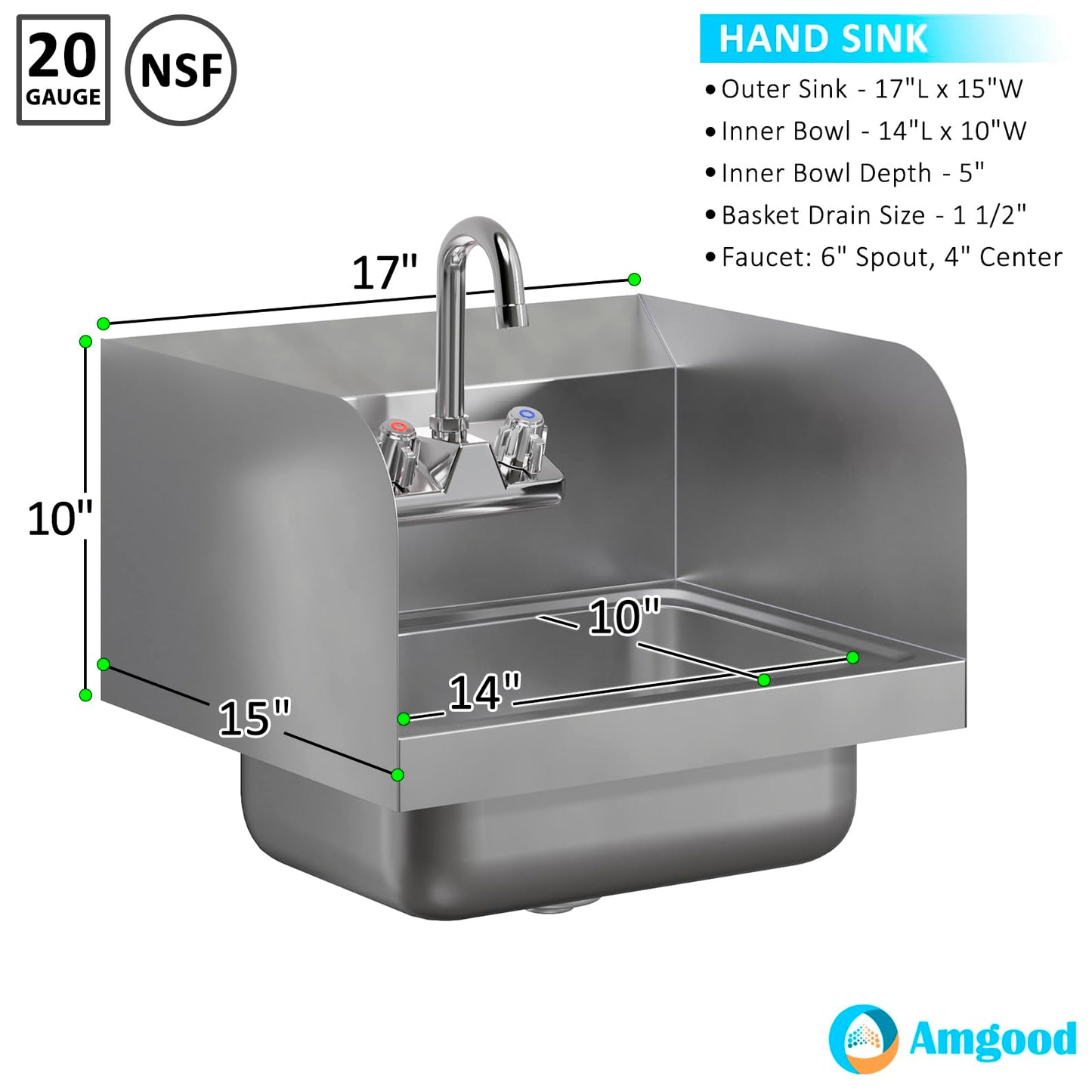 AmGood Stainless Steel Wall Mount Hand Sink | NSF | Commercial Hand Washing Basin For Restaurant, Kitchen and Home (17" x 15" with Sidesplash)