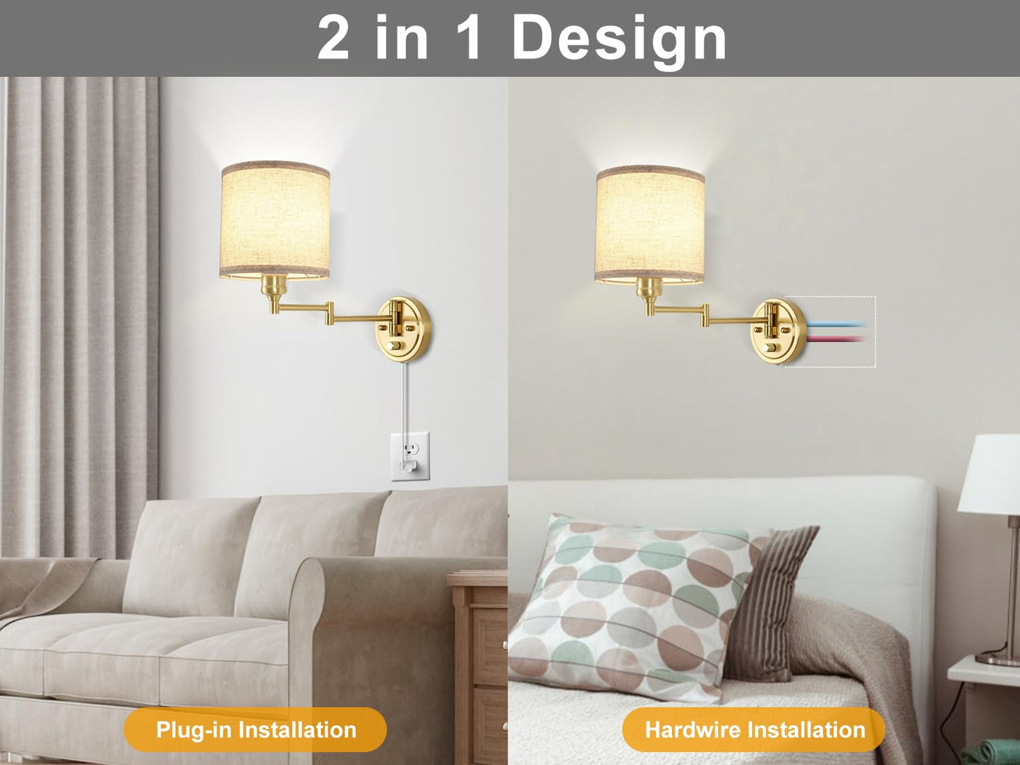 Goodate Plug In Wall Sconces With Remote Control  Dimming & Adjustable Colors 2700K-6500K  Hardwire Or Plug-In  Swing Arm Wall Lamp With Linen Fabric Shade  Wall Sconces Set Of Two  Gold Finish