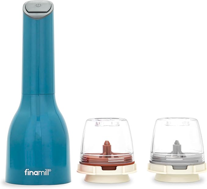 FinaMill Classic Battery Spice Mill – Battery Operated Salt and Pepper Grinder Set, Includes 2 Interchangeable Spice Pods, Adjustable Coarseness, Ceramic Grinder, LED Light, Kitchen Gifts for Women