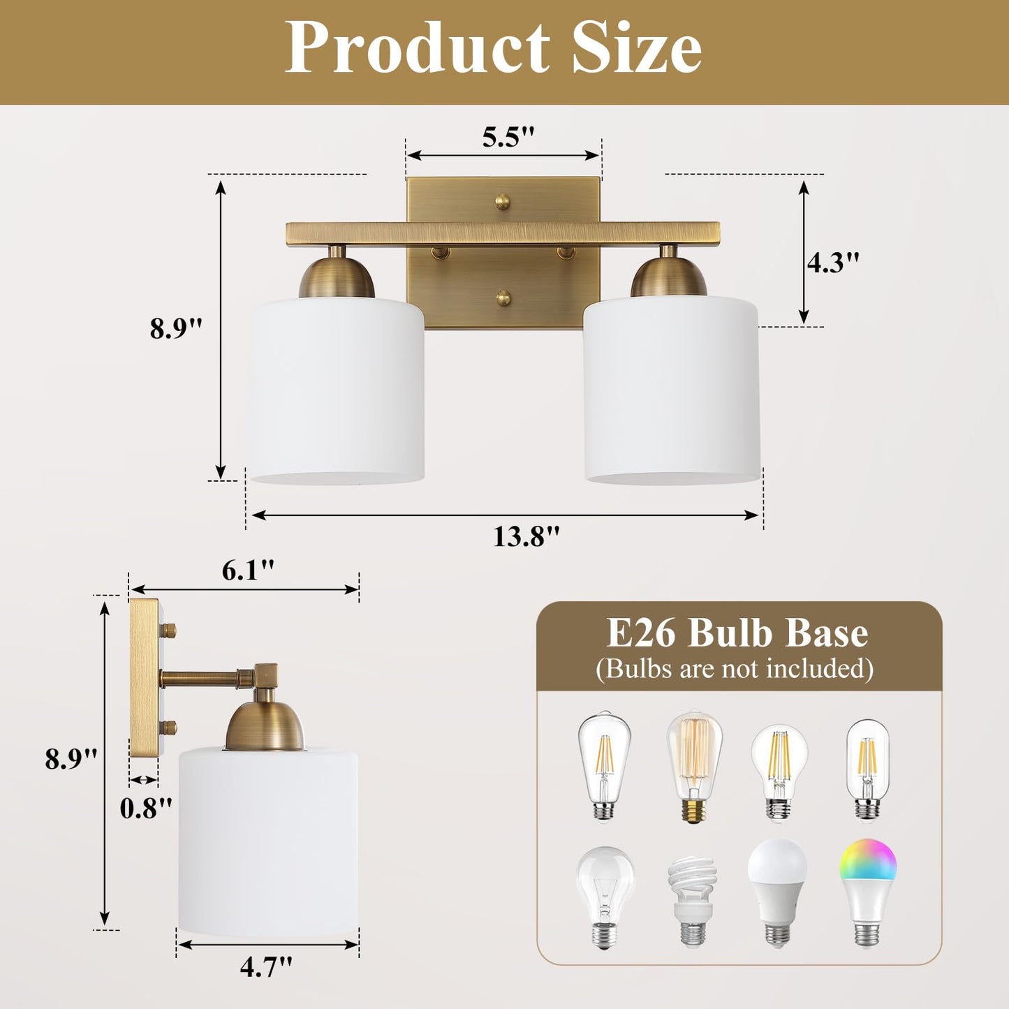 Mecgirn Stainless Steel Bathroom Light Fixtures, 2 Light Vanity Lights Over Mirror, Brass Finish, Model B0003-2-Brass