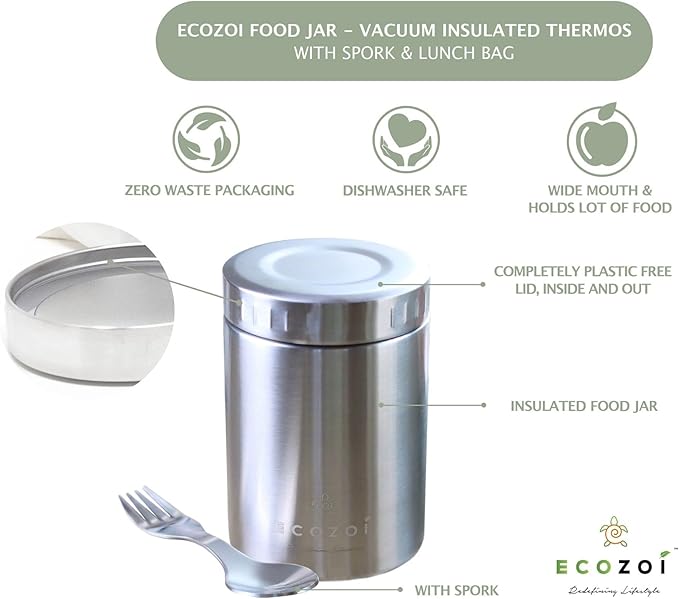 ecozoi Stainless Steel Insulated Lunch Box, Vacuum Insulated Food Jar, 17 Oz + Spork + Lunch Bag