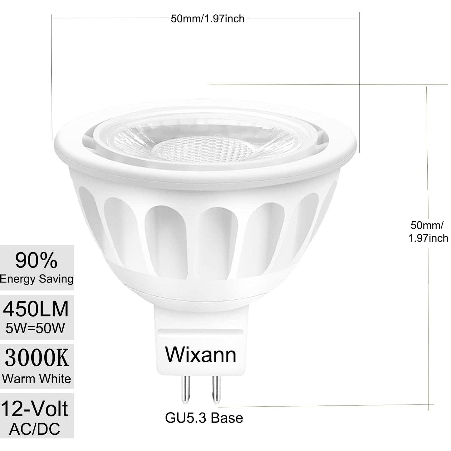 Wixann Mr16 Led Bulb 5W 12V 3000K Soft Warm White Gu5.3 Bi-Pin Base 10 Pack - Not Dimmable, 450Lm