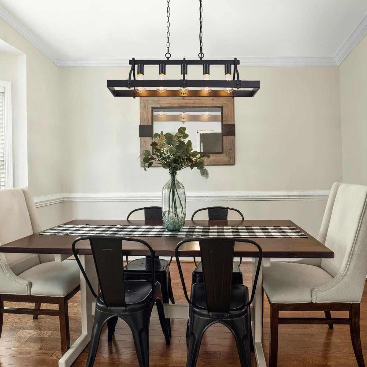 Feohak Indutstiral Black Chandeliers For Dining Room  5-Light Farmhouse Rustic Light Fixtures Over Table  Modern Linear Rectangular Kitchen Island Ceiling Pendant Lighting