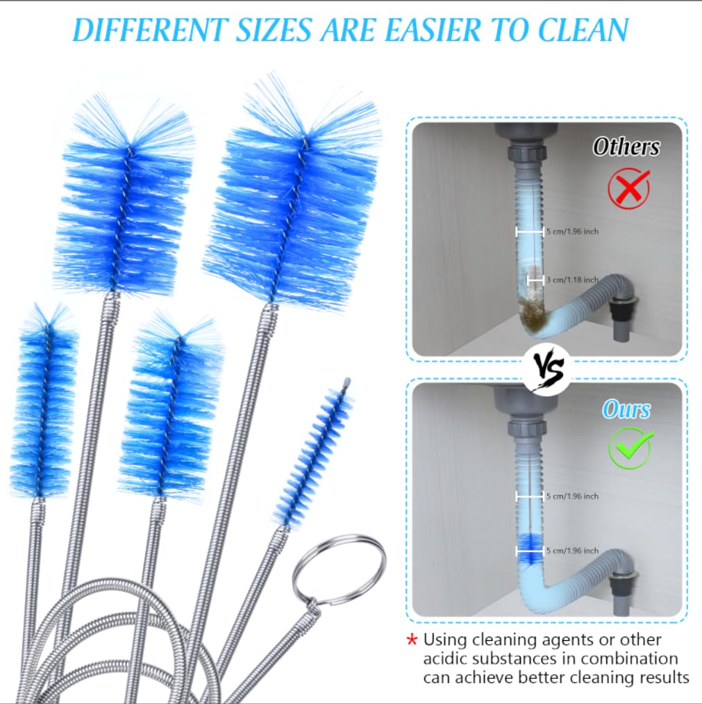 Flexible Long Drain Brush Set, Premium 3 Piece Kit with Double Ended and Stainless Steel Tube Cleaning Brushes for Ultimate Kitchen, Sink, and Pipe Cleaning, Including Powerful Drain Clog Remover