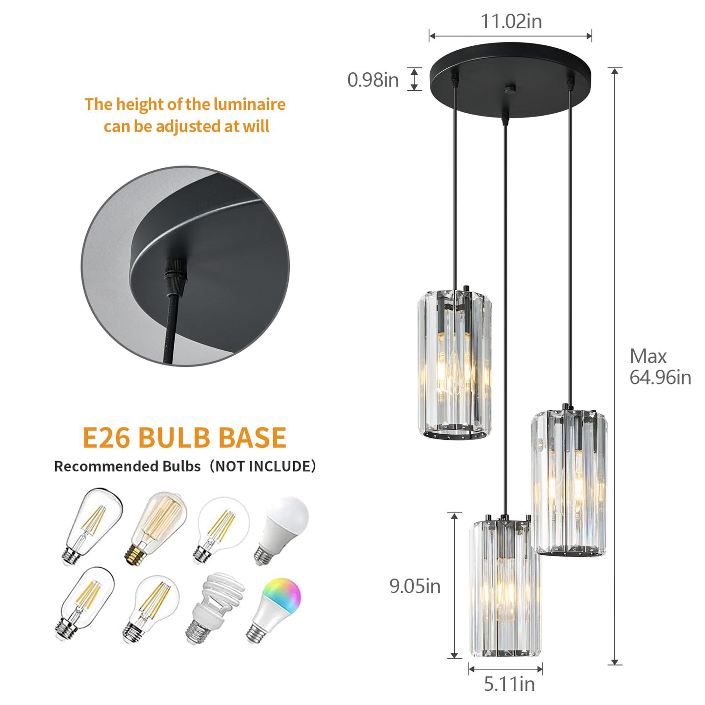 Zhllmq Black Pendant Lighting Modern Pendant Light  Mini Crystal Chandeliers Adjustable Pendant Light Fixture For Kitchen Island Dinning Room Corridor Bedroom(Black 3-Light)