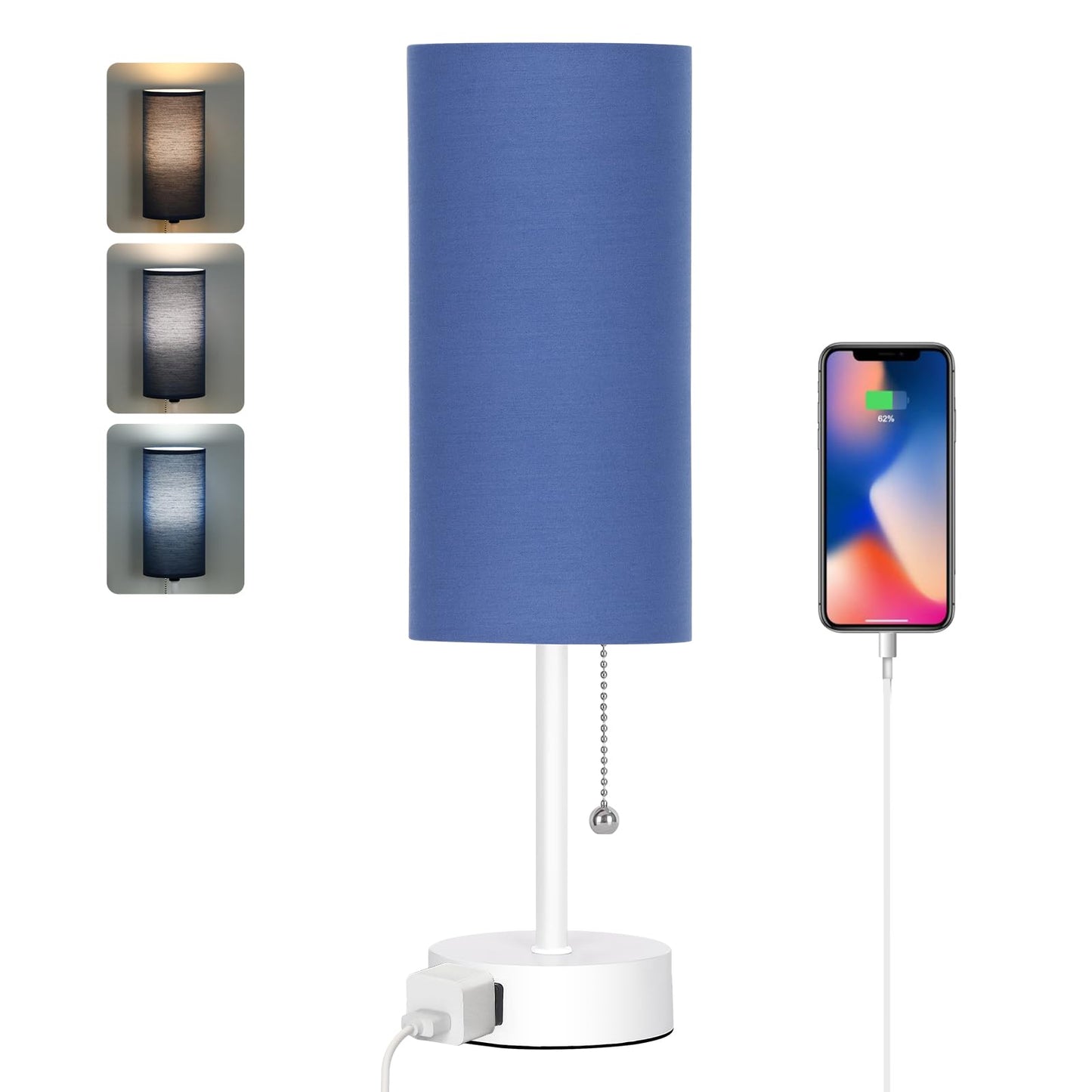 Dott Arts Table Lamp For Bedroom  3-Color Bedside Lamps With Pull Chain  Bedroom Table Lamps For Nightstand Ac Outlet Small Lamp For Living Room  Bulb Included Blue