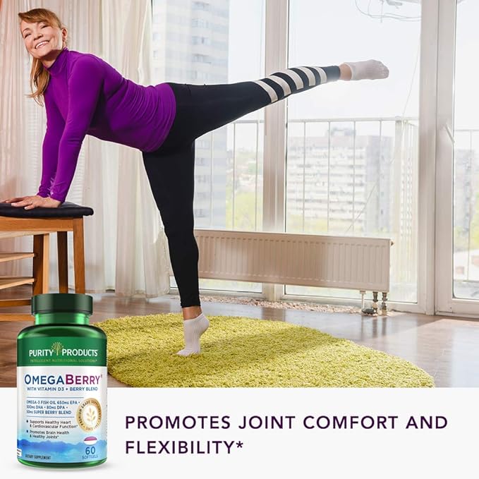 Purity Products OmegaBerry Fish Oil with Vitamin D3 and Organic Acai - 1250mg Concentrated Molecularly Distilled Ultra Pure Omega-3 Fish Oil, 500mg DHA + 650mg EPA - 60 Soft Gels - 30 Day Supply from