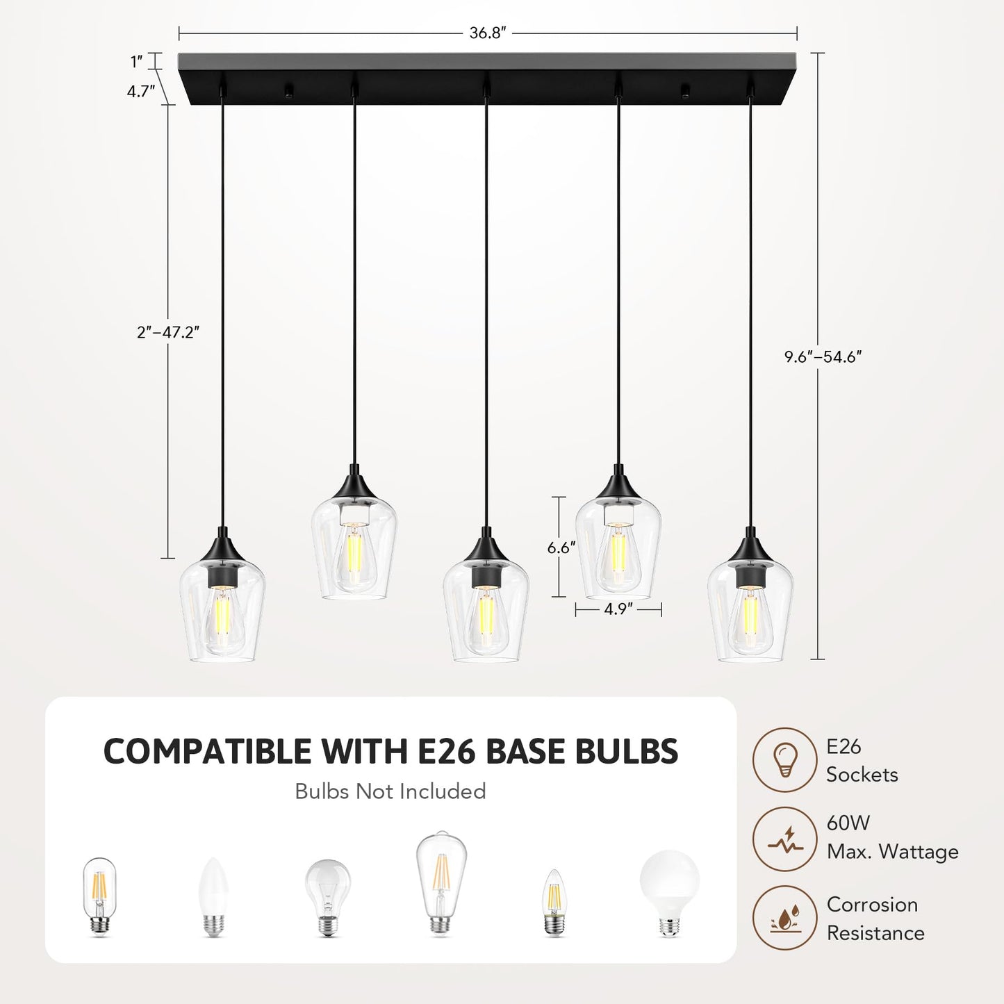 Vonluce 5-Light Pendant Light Kitchen Island  Pendant Light Fixture With 10-55 Height  Modern Pendant Lighting With Wine Glass Shades For Living Room Hallway  Matte Black  Etl Certificated