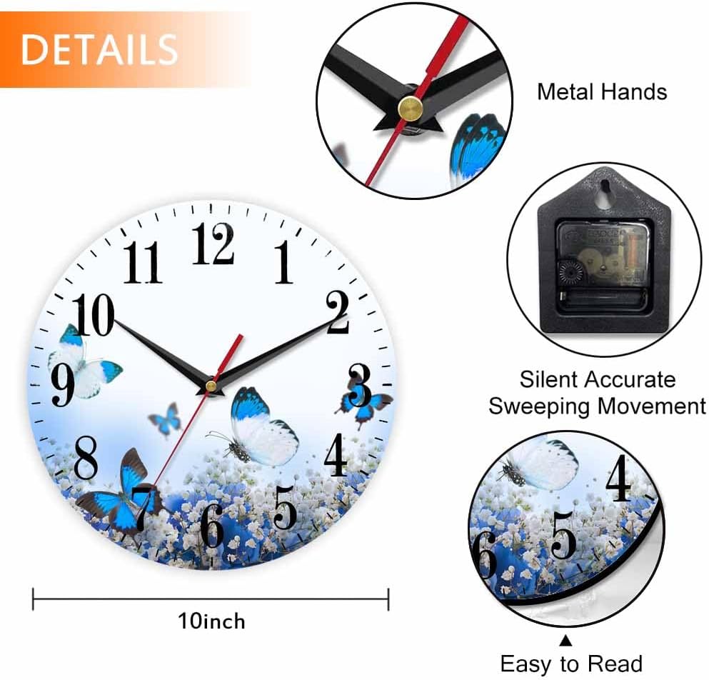 Mxocom Flower Bouquet Wall Clock Butterfly and Blue White Hydrangeas 10 Inch Silent Non Ticking Battery Operated Clock Vintage Round Clock for Living Room Bedroom Bathroom Office Decor