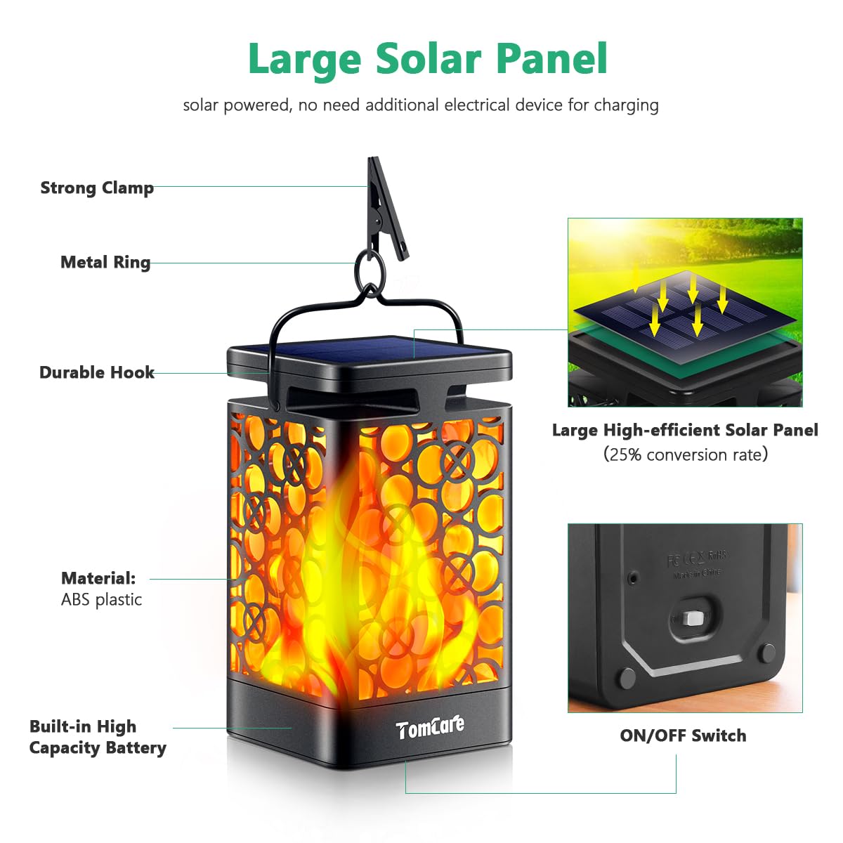 TomCare Solar Lanterns, Flickering Flame, Waterproof LED, 4 Pack, Black, Model SZ-19025
