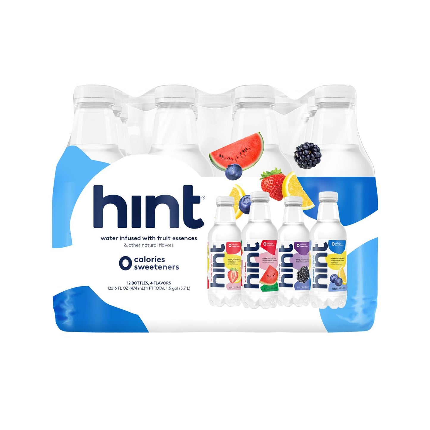 Hint Water White Variety, 3 Bottles Each of: Watermelon, Blackberry, Blueberry Lemon, and Strawberry Lemon. Flavored Water With