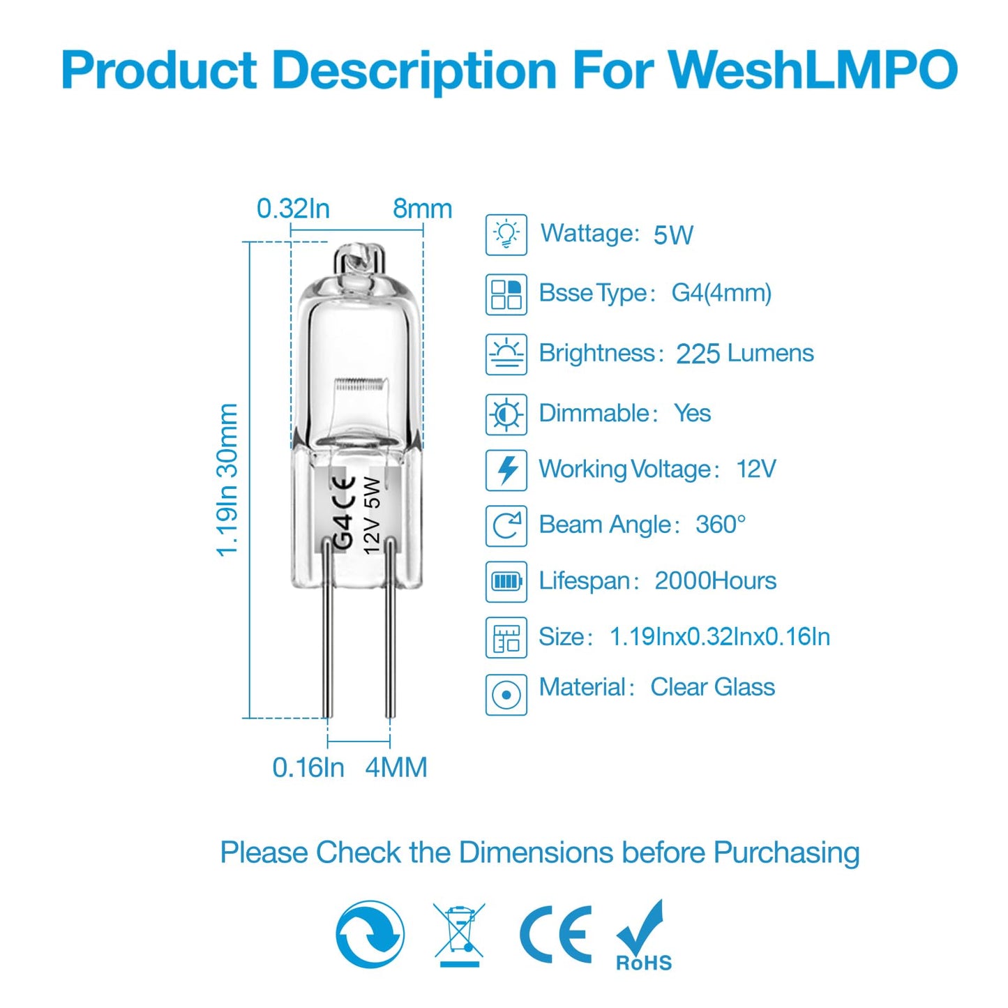 WeshLMPO G4 Halogen Light Bulbs, 10W 12V, 2 Pin Replacement for Puck Lights, Chandeliers, 12 Pack
