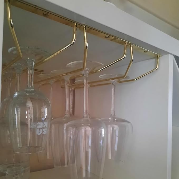 10.8 Inch Gold Wine Glass Rack, Under Cabinet Wine Glass Holder, Wine Glass Hangers Under Shelf, Stemware Rack, Hanging Stemware Holder for Cabinet Kitchen Bar, Set of 2