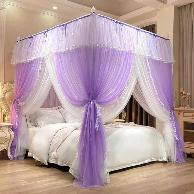 Mengersi Canopy Bed Curtains with Lights,4 Corner Bed Canopy Royal Luxurious Bed Drapes Netting,Princess Bed Curtains for Girls Adults Bedroom Decoration (Purple, Full)