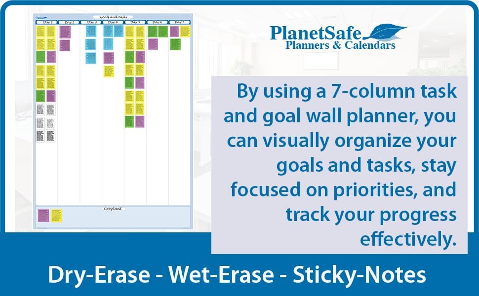 Sky Blue 7-Column Task, Goals & Objective Wall Vertical Organizer 56" x 36". Complete with Marker