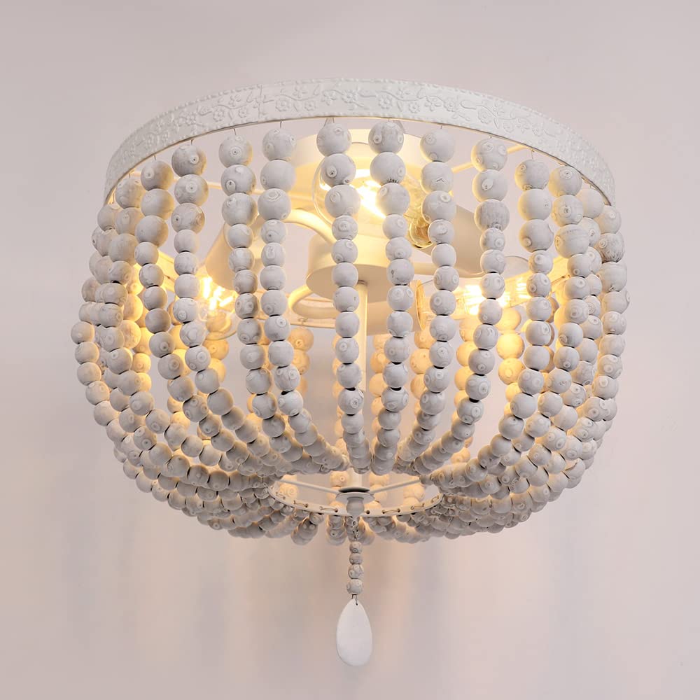 Firvre Wooden Bead Chandelier - Bohemian Rustic Ceiling Light For Dining Room, Bedroom, Kitchen - Grey White - Model 005