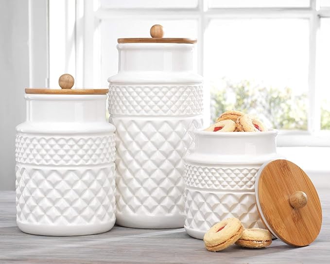 MosJos Set of 3 White Canisters Embossed Faceted Ceramic, 3 Round Jars with Bamboo Lid and Rubber Gasket for Kitchen - Food Storage.