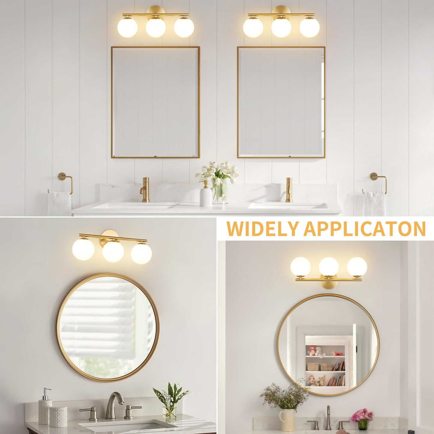 Foucasal Globe Bathroom Light Fixtures 3-Light Brass Gold Vanity Light With Plastic Milk White Globe Shades 11.81 Inch Wall Sconce Lighting Over Mirror  Vanity Lights For Bathroom Bedroom Hallway