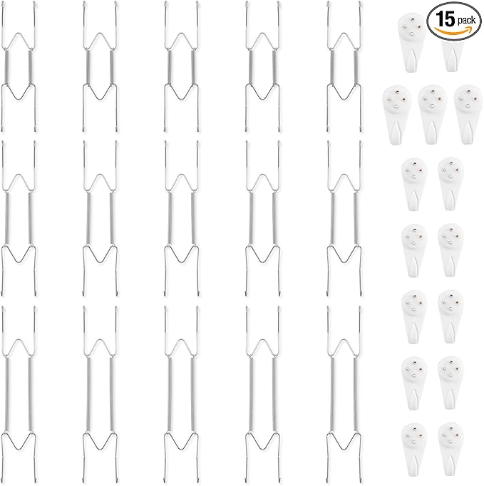 Bilillo 15-Piece Stainless Steel Plate Hangers - Heavy Duty 8/10/12 Inch Invisible Wall Plate Holders with 15 Wall Hooks & 60 Rubber Tip Protectors for 8-14 Inch Decorative Plates (Silver)