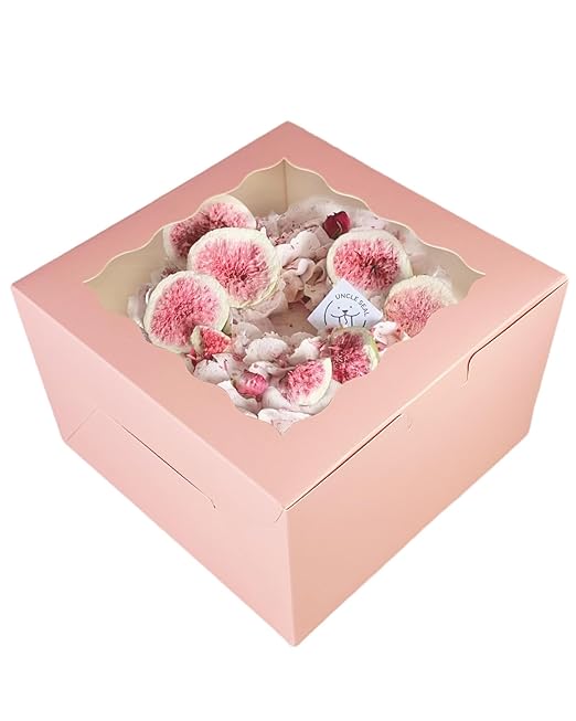 qiqee 8x8x5 Cake Box, 18 Sets Pink Cake Box with Window ＆ 18 Sets 8" Pink Cake Round Boards, 8inch Cake Containers