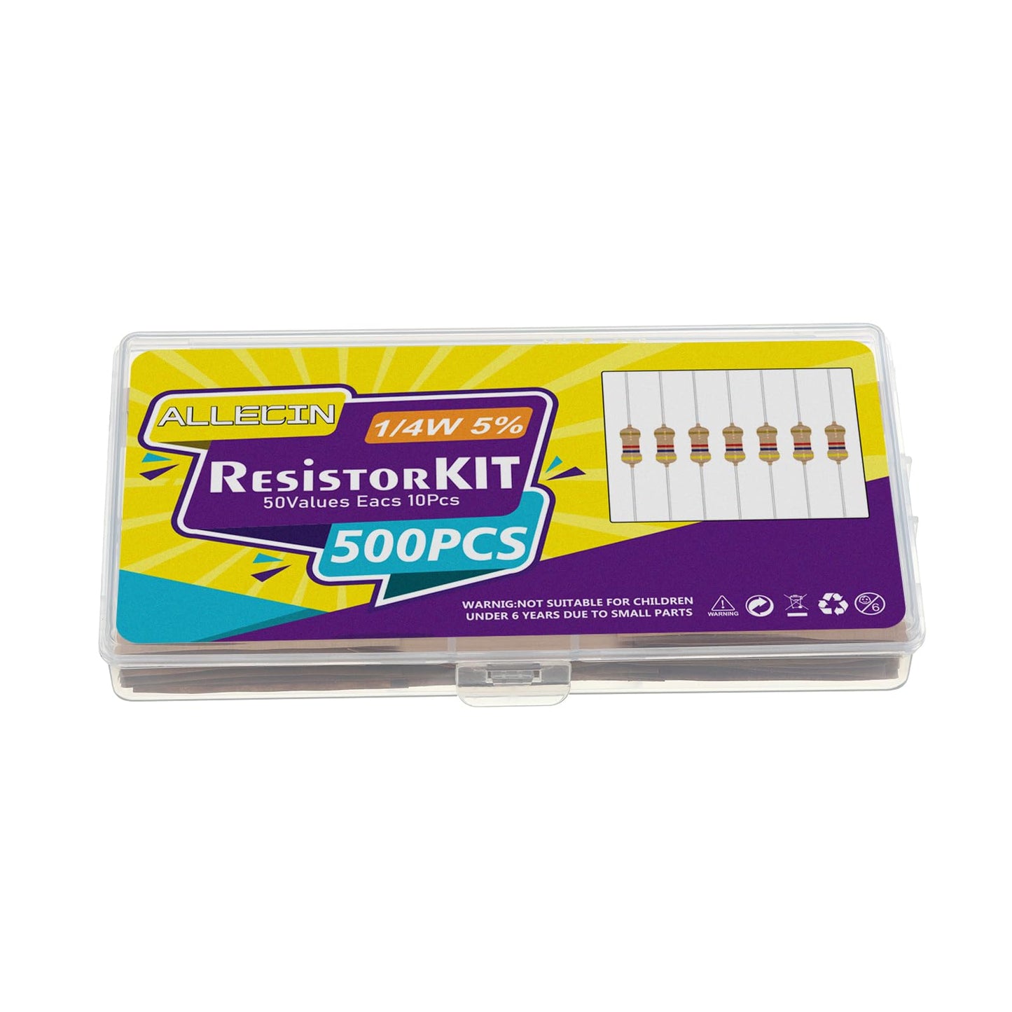ALLECIN 50 Values 1/4W 0 Ohm to 10M Ohm ±5% Carbon Film Resistor Assorted 1/4 Watt Common Fixed Resistors Assortment Kit