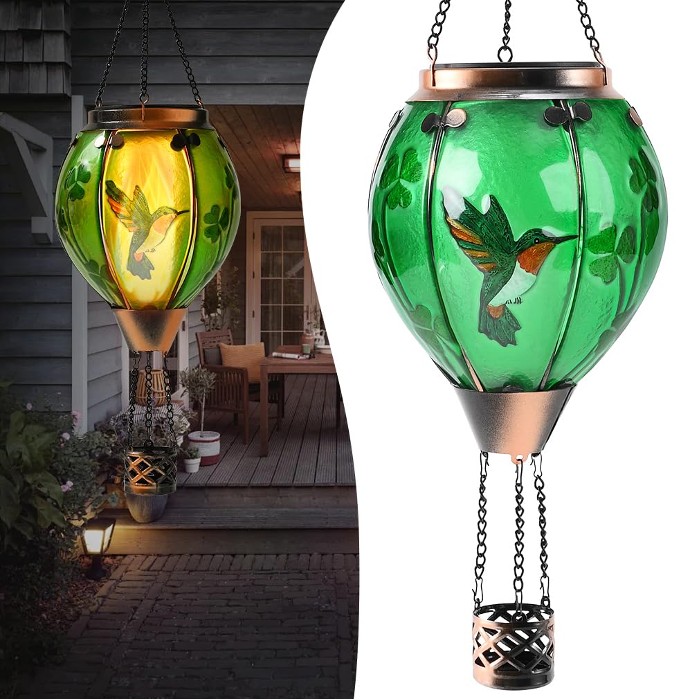 St Patricks Hot Air Balloon Solar Lantern - PatrickS Shamrock Glass Lantern  Simulated Flickering & Dancing Flame  Outdoor Hummingbird Hanging Yard Light For Patio Porch Decor Irish Clover Gift