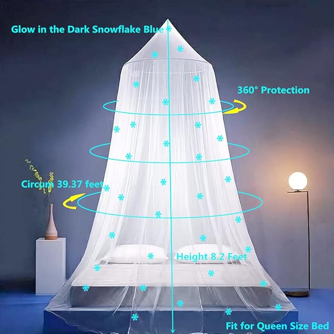 Eimilaly Princess Bed Canopy Glow in The Dark, Christmas Snowflakes Bed Canopy for Girls Room Decor, Encrypted Fabric, White