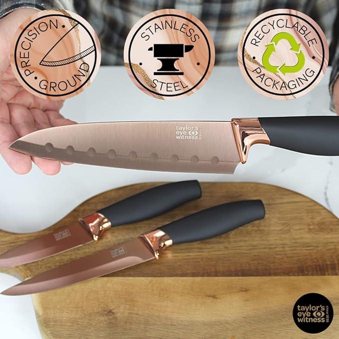 3pc Kitchen Knife Gift Set - Brooklyn by Taylors Eye Witness. Rose Gold Colored Bolsters, Matching Finely Ground Razor Sharp Titanium Coated Blades. Soft Grip Handles. 2yr Peace of Mind
