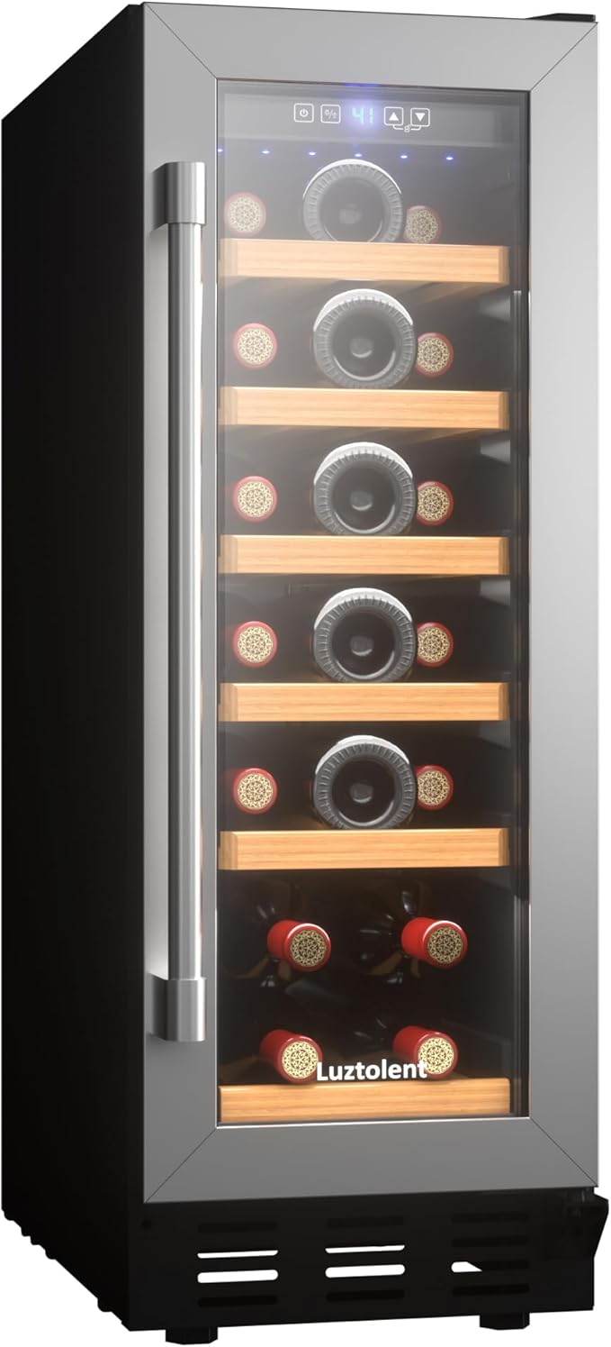 19 Bottles Wine Fridge,12 Inch Wine Cooler with Single Zone, Built-in or Under Counter,41-64°F Thermostat, LED Digital Touchscreen, Triple-Layer Tempered Glass, Wine Storage for Home