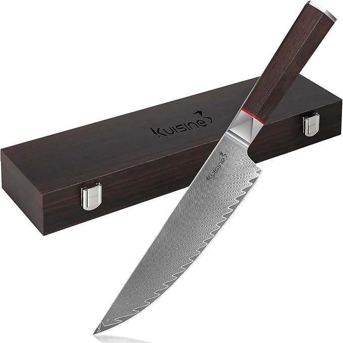 KUISINE Premium Damascus Chef Knife Non-slip Wooden Handle Razor sharp Blade Luxuy Gift for Holidays(Silver Pro, 8inch)