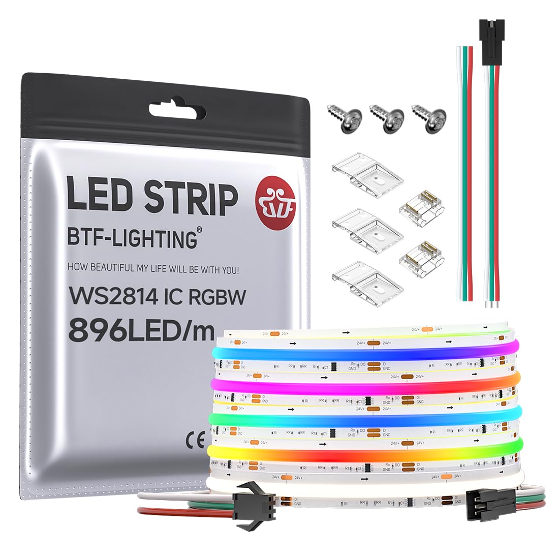Btf-Lighting Fcob Cob Led Strip Ws2814 Ic Rgbw 4000K Flexible High Density Color Chasing Uniform Light 16.4Ft Dc24V 896Led/M 16Ic/M 12Mm Width For Home Diy Lighting Projects(No Adapter Or Controller)