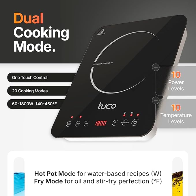 TUCO Portable Induction Cooktop Burner Hot Plate Electric Stove with Shatter-Proof Ceramic Glass, LCD Sensor Touch, ETL Certified, 20 Cooking Modes, 1800 Watts