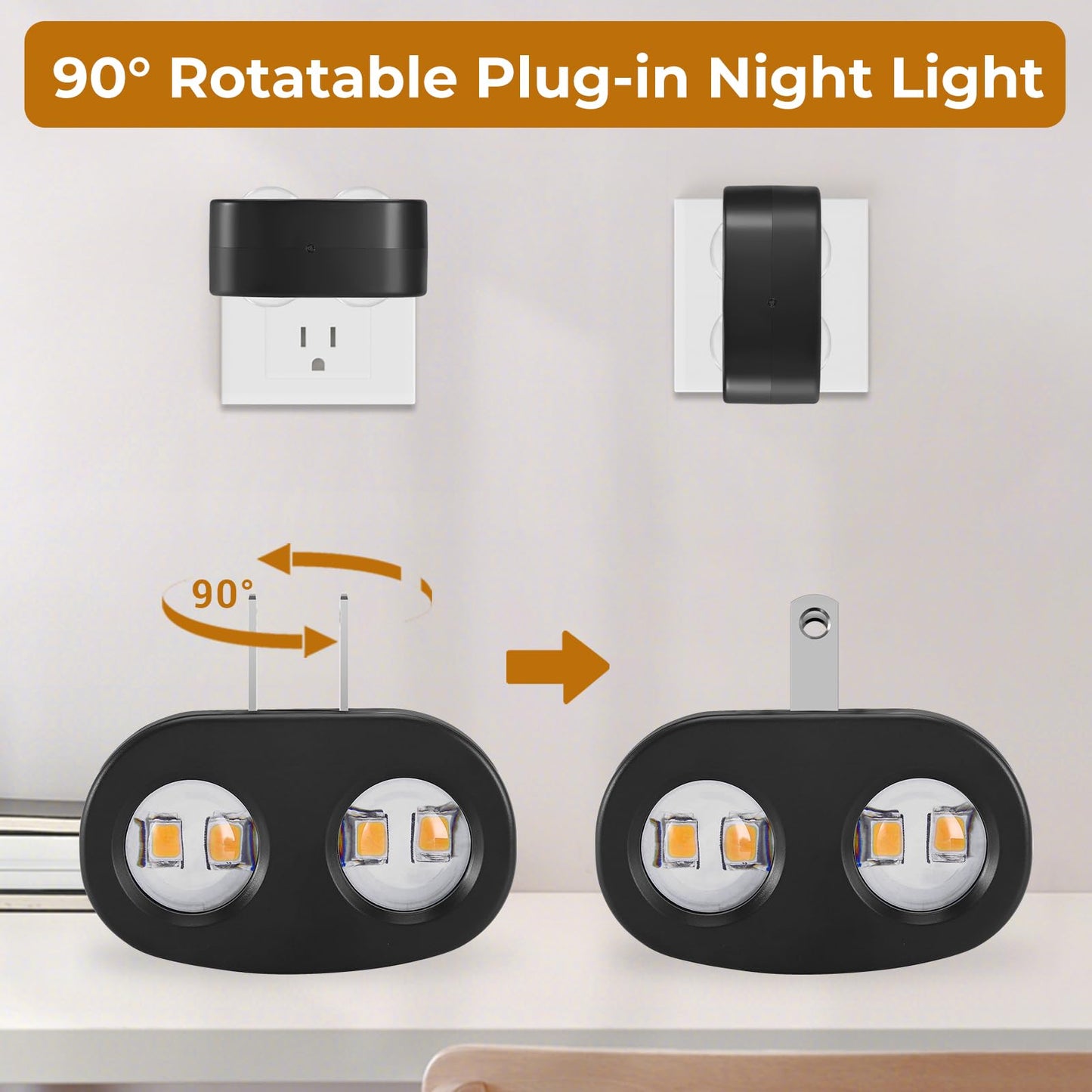 4-Pack Led Night Lights Plug Into Wall  5000K Daylight 100Lm  Auto On/Off Light Sensor  Rotating Ambient Lighting For Bedroom  Hallway  Bathroom  Nursery  Kitchen Non Dimmable