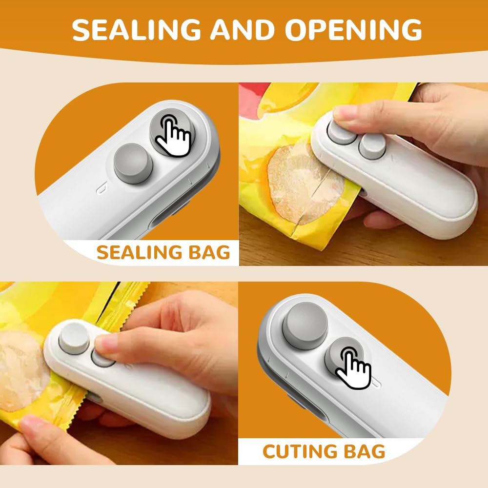 Mini Bag Sealer, 2025 Upgraded 2 in 1 Mini Bag Sealer with Cutter and Magnet, Rechargeable Mini Bags Sealer Portable Resealer Machine for Snack Plastic Bags Food Storage Travel (1, White)