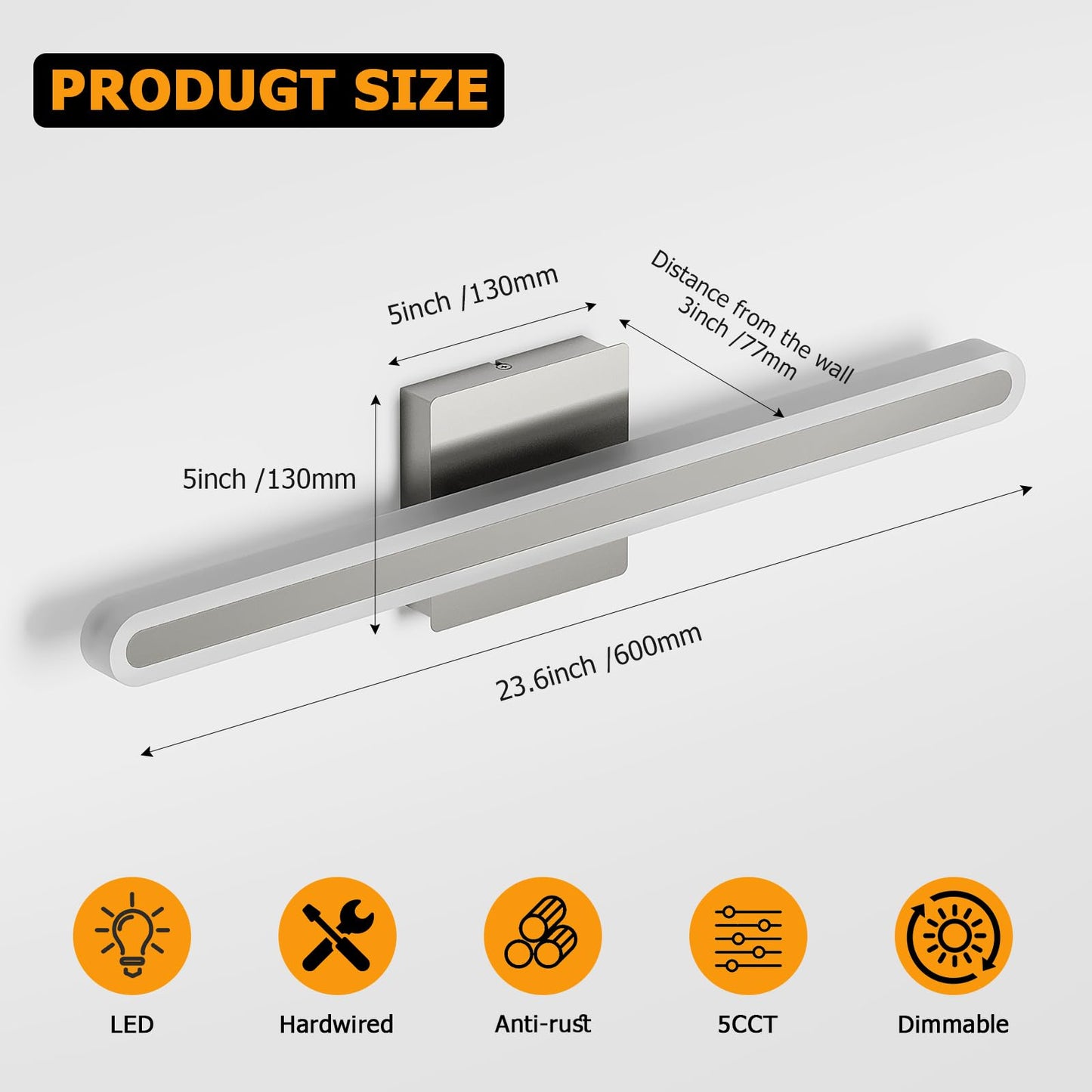 Joosenhouse Brushed Nickel Vanity Lights For Bathroom  5Cct Dimmable Vanity Light Bar  Above Mirror Makeup Mirror Light  Modern Bathroom Lighting Fixtures 23.6 Inch 20W