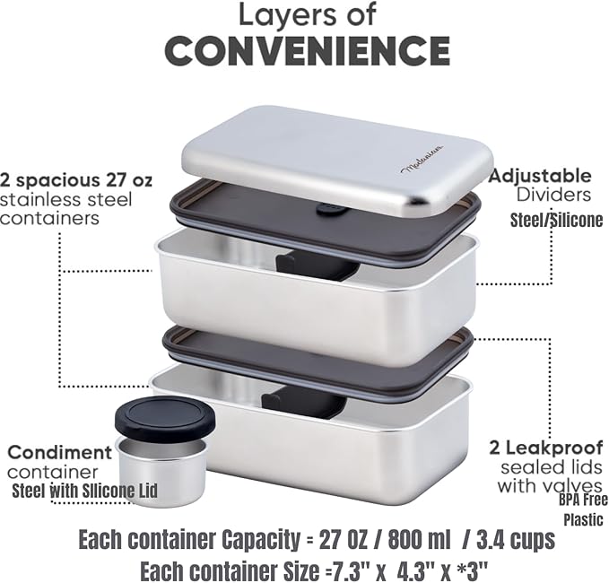 LEAK Proof Stackable Stainless Steel Bento Box Adult |Stainless Steel Lunch Box for adults| Metal Bento box|Japanese Lunch Container |large with compartment| Korean bentobox| Non toxic|Microwave safe