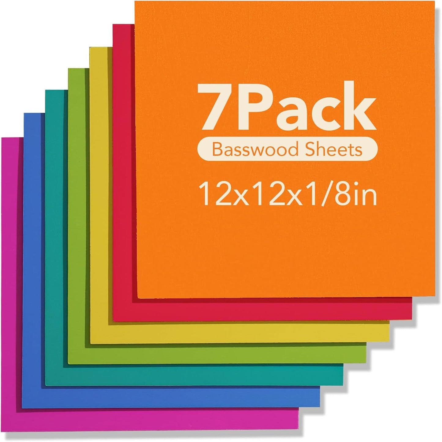 ROBOTIME 7-Pack Double-Sided Colored 1/8" Plywood Sheets - 12 x 12 x 1/8 Inch - Roller-Coated Solid Color 3mm Craft Wood Sheets for Laser Cutting - Assorted Colors - WB124