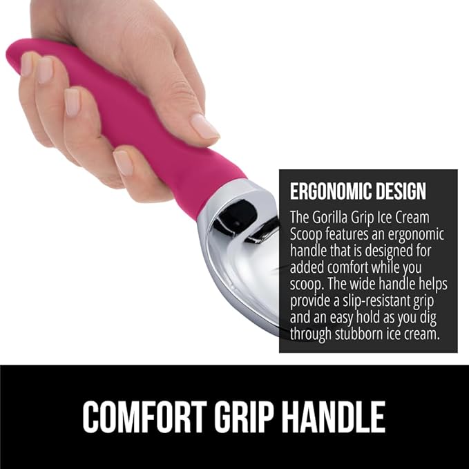 GORILLA GRIP BPA-Free Heavy Duty Ice Cream Scoop, Comfortable Ergonomic Handle, Professional Grade Scooper, Perfect Round Scoops, Spoon Frozen Hard Gelato, Sorbet, Cookie Dough, Kitchen Tool, Hot Pink