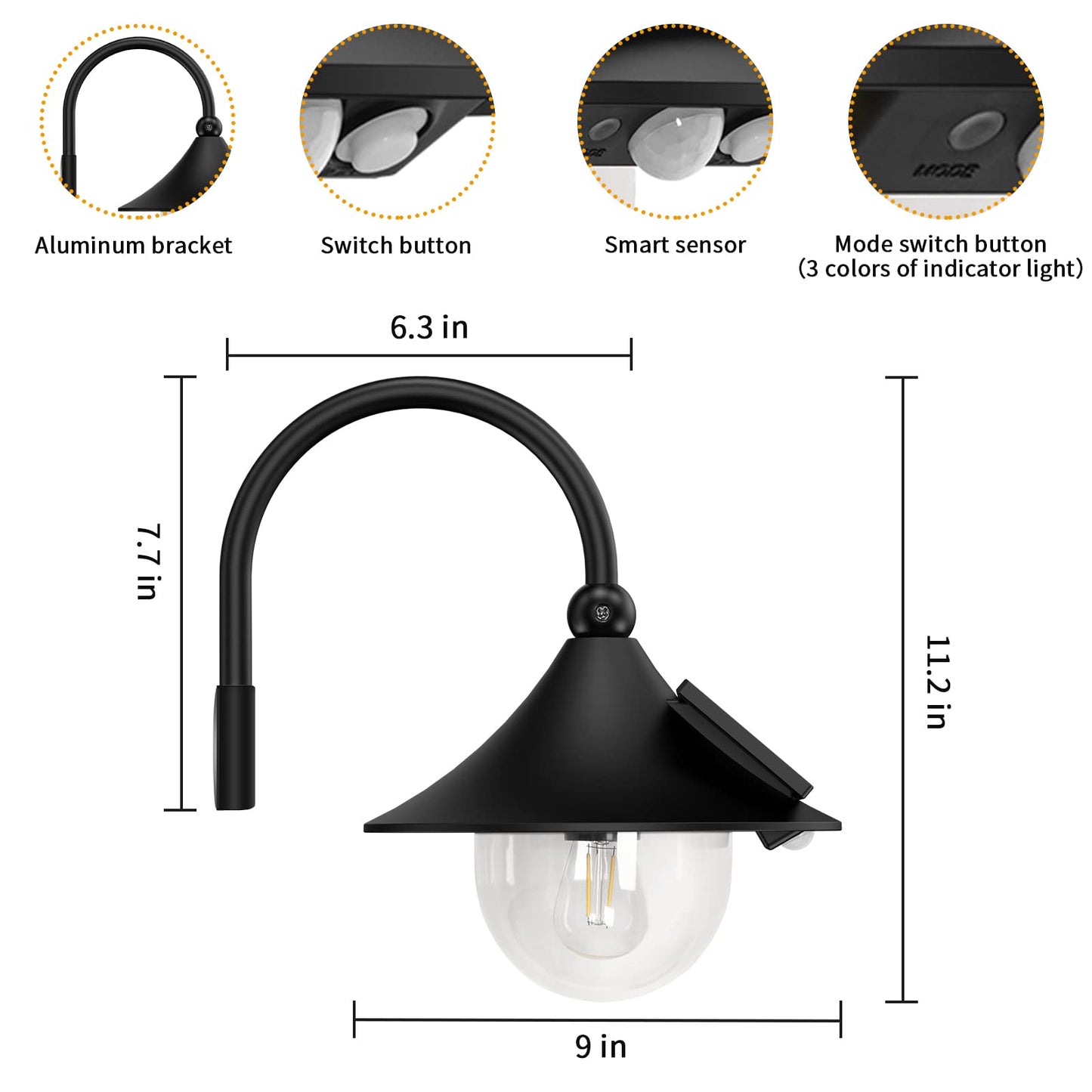 Aqonsie Solar Barn Light - 3 Lighting Modes, Motion Sensing, Waterproof, Vintage Design, Black, Wall Mount For Barn, Shed, Porch, Patio