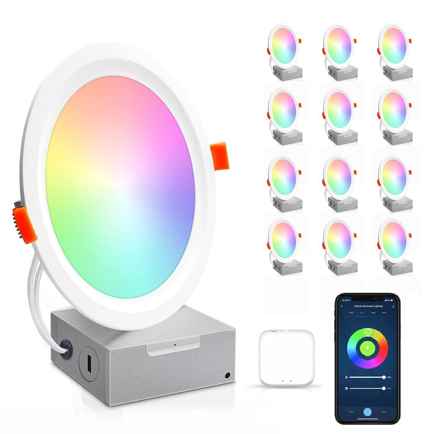 Peteme Smart Led Recessed Lighting 6 Inch, 12 Pack, Wifi, 14W, 1200Lm Color Changing, Rgb & White, Compatible With Alexa