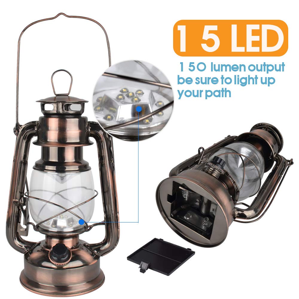 WisHomee Vintage LED Hurricane Lantern, Copper, 15 LEDs, 150 Lumen, Battery Operated, Antique Metal with Dimmer Switch