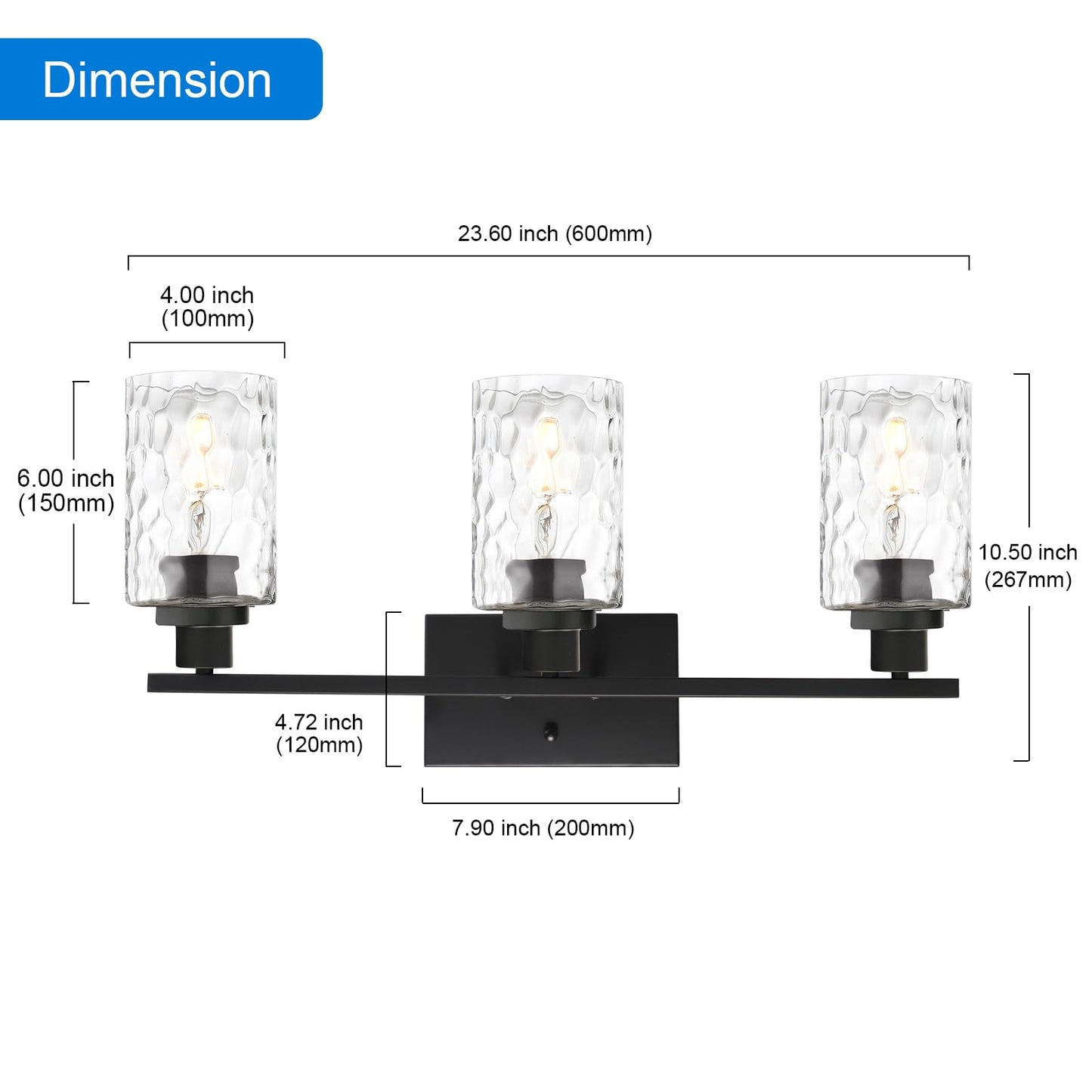 MELUCEE 3-Light Bathroom Vanity Light Fixture, Black Finish, Hammered Glass, Model 450-6W-SN