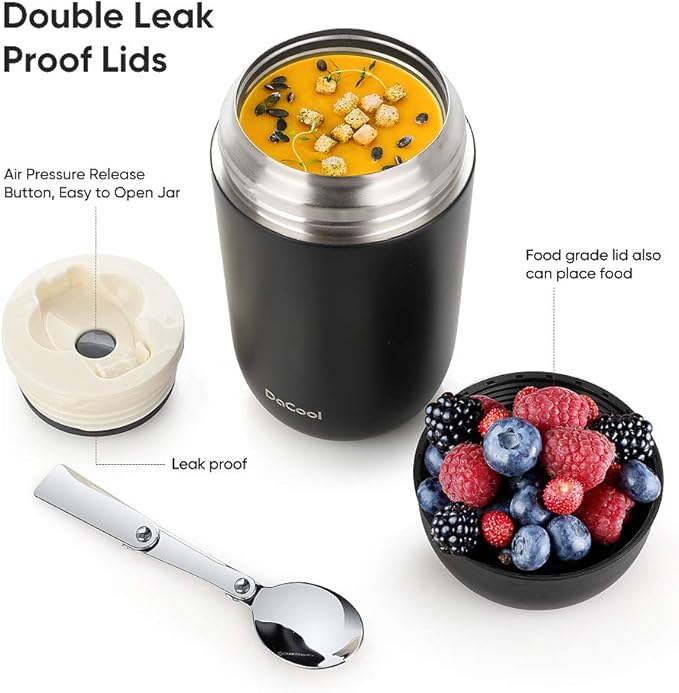 DaCool Adults Food Thermo for Hot Food 24 oz Insulated Food Jar Insulated Lunch Container Vacuum Stainless Steel Soup Thermo for Women Man Leakproof for Office Picnic Travel Outdoors, Black