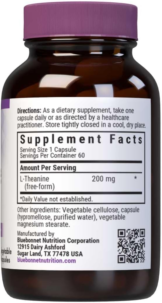 Bluebonnet Nutrition L-Theanine 200mg, Free-Form Amino Acid, Promotes Relaxation*, Soy-Free, Gluten-Free, Non-GMO, Kosher Certified, Vegan, 60 Vegetable Capsules, 60 Servings