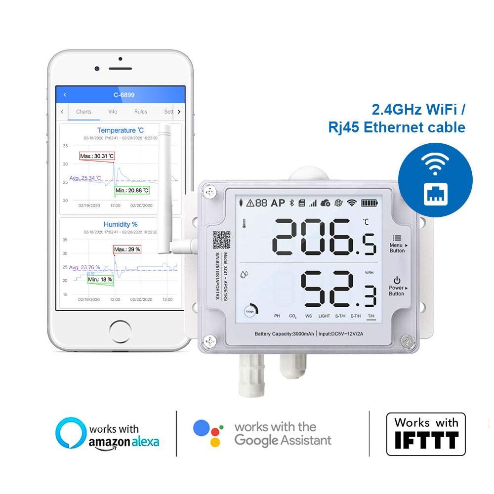 Ubibot GS1-AETH1RS + Wind Speed Sensor Probe Bundle Ethernet Thermometer Hygrometer, WiFi Temperature Humidity Sensor, Digital Temperature Data Logger, Free App Email Alert(2.4GHz WiFi & RJ45 Ethernet