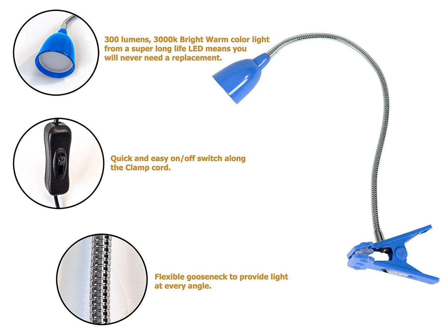 Newhouse Lighting Nhclp-Led-Blu Blue Metal Led Desk Lamp, Flexible Goose Neck, 3000K Warm White, 6 Ft Power Cord