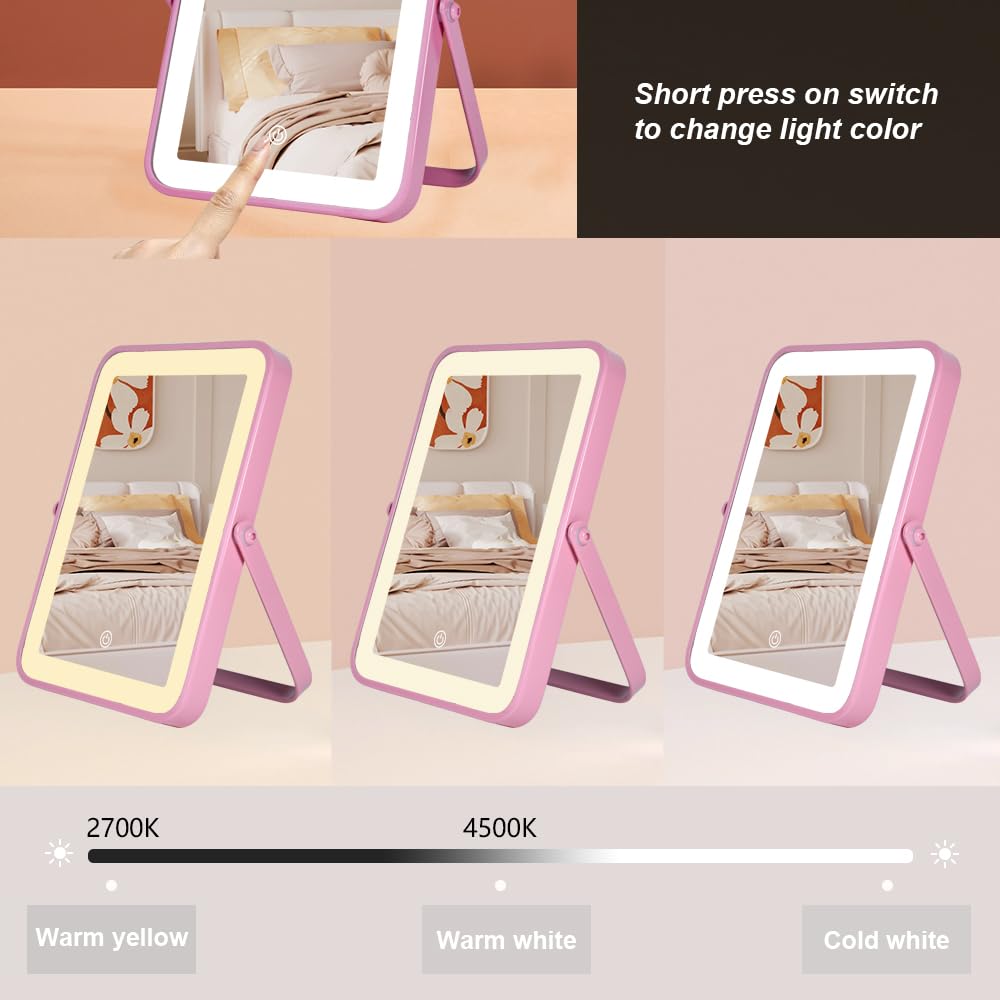 YEKKOPT Pink Rechargeable Vanity Mirror with Lights, 10  7 LED Makeup Mirror with Lights, Smart Touch Control Dimmable 3 Modes L